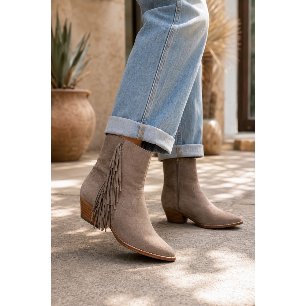 JEFFREY CAMPBELL Hastings Suede Fringe Western Ankle Boots WOMEN 8.5 Taupe BOHO‎